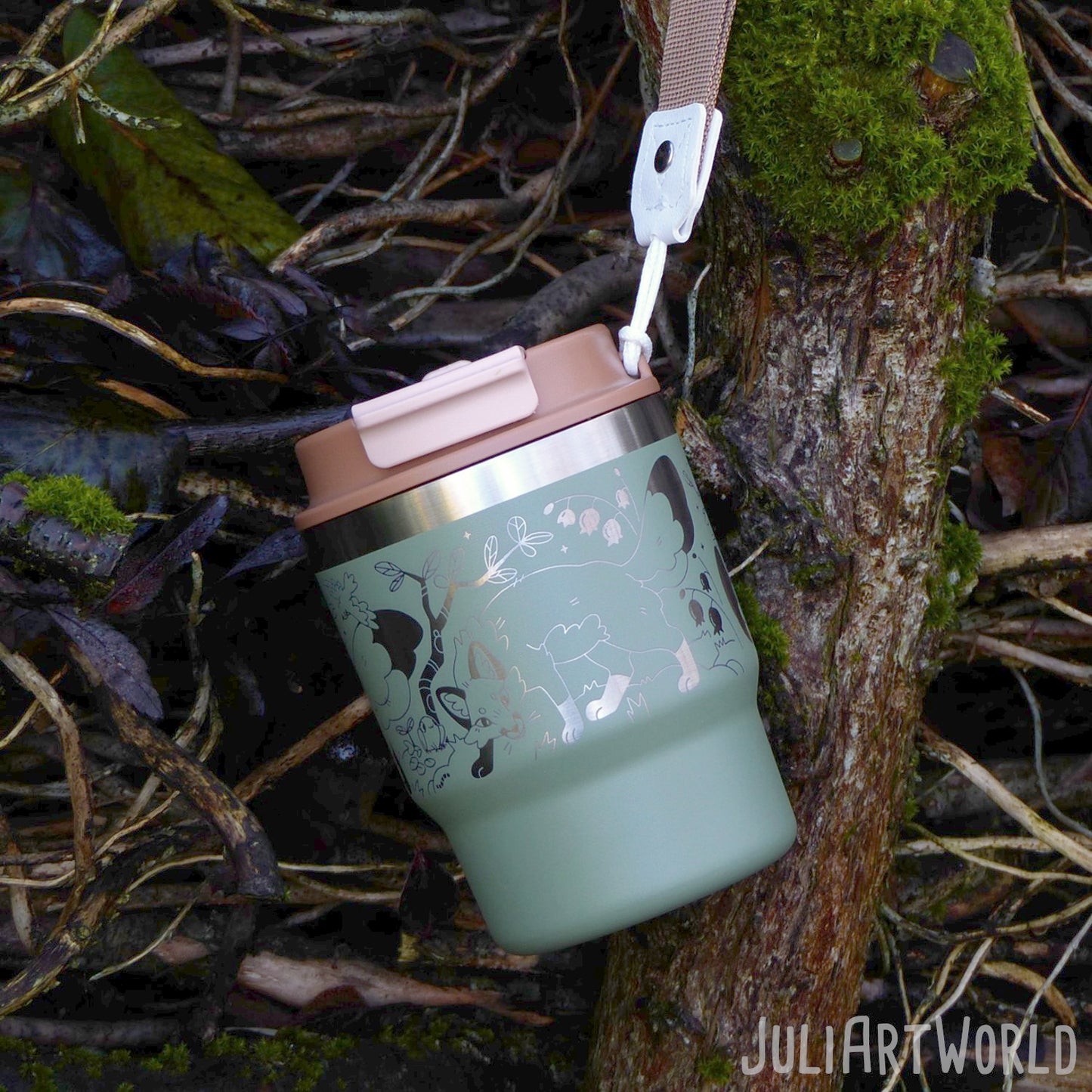 TRAVEL MUG - THREE FOXES DARK GREEN