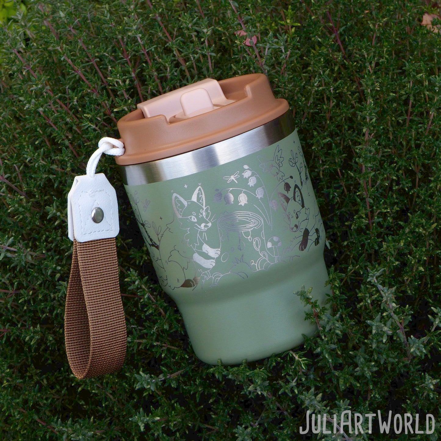 TRAVEL MUG - THREE FOXES DARK GREEN