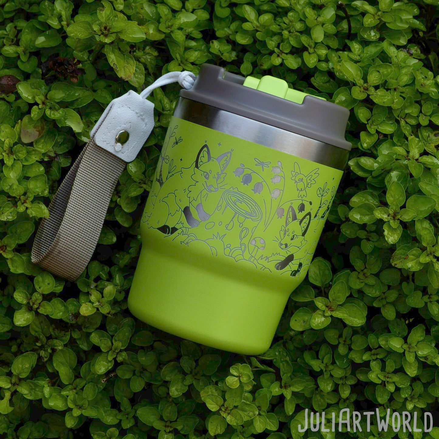 TRAVEL MUG - THREE FOXES LIGHT GREEN