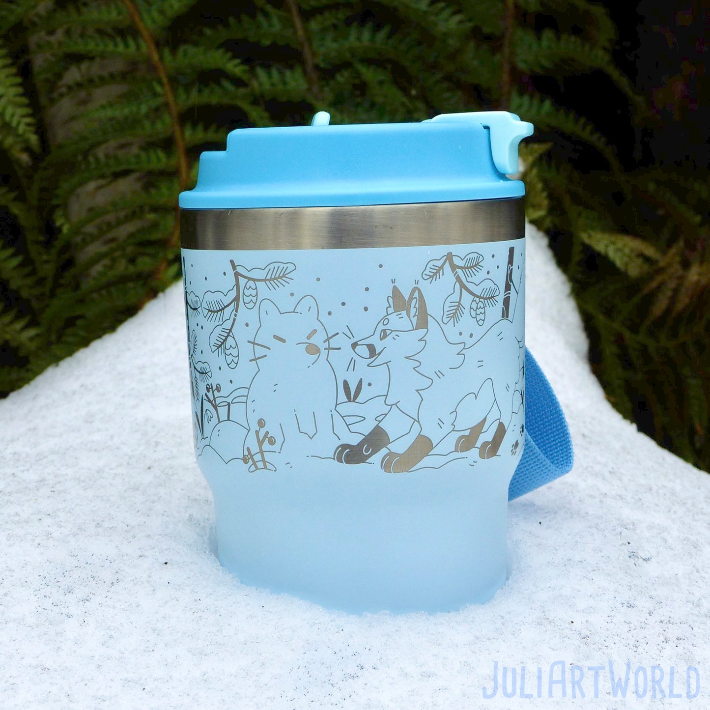 TRAVEL MUG - THREE FOXES WINTER BLUE
